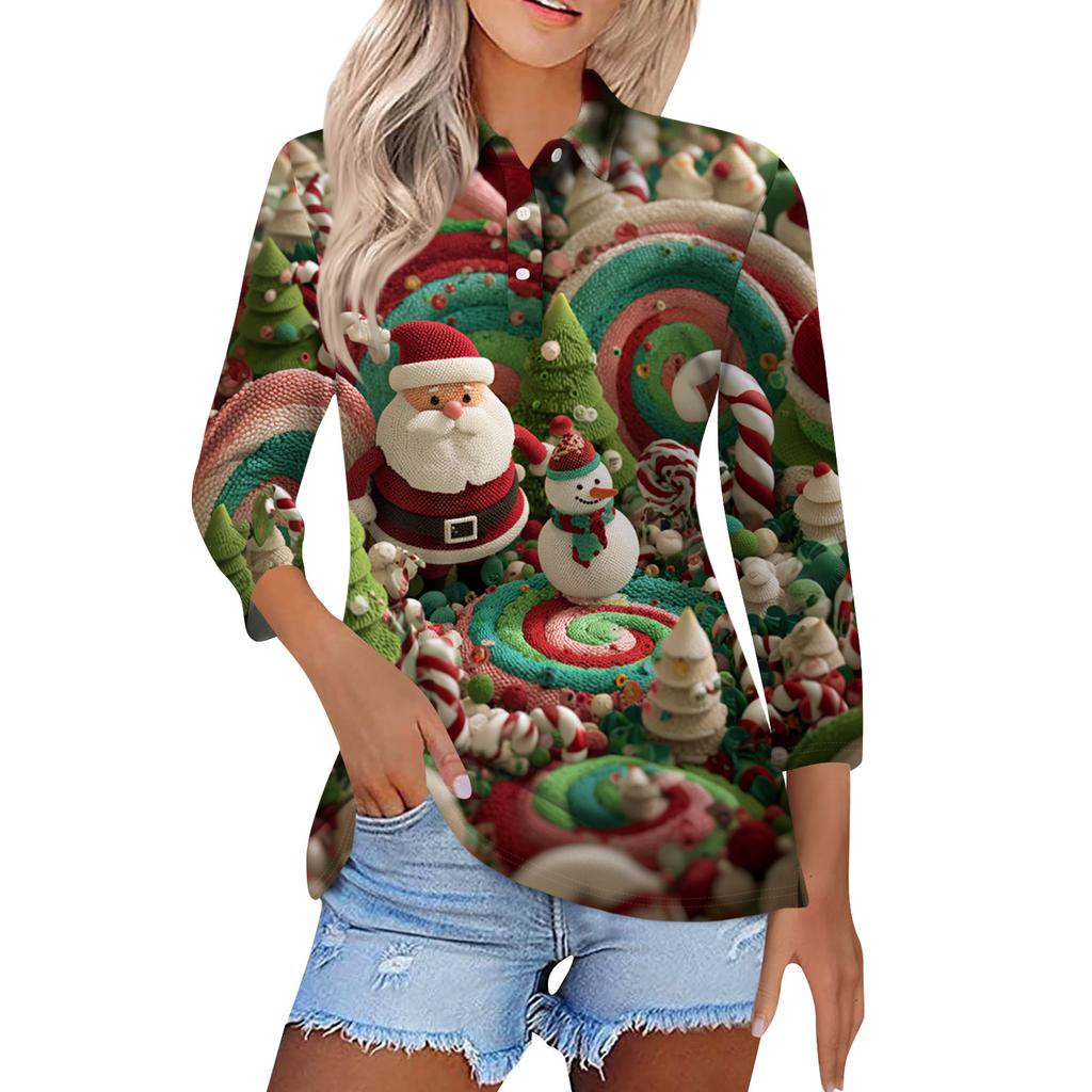 Women's Fashion Casual Button 3/4 Sleeve Vintage  Print Lapel Top