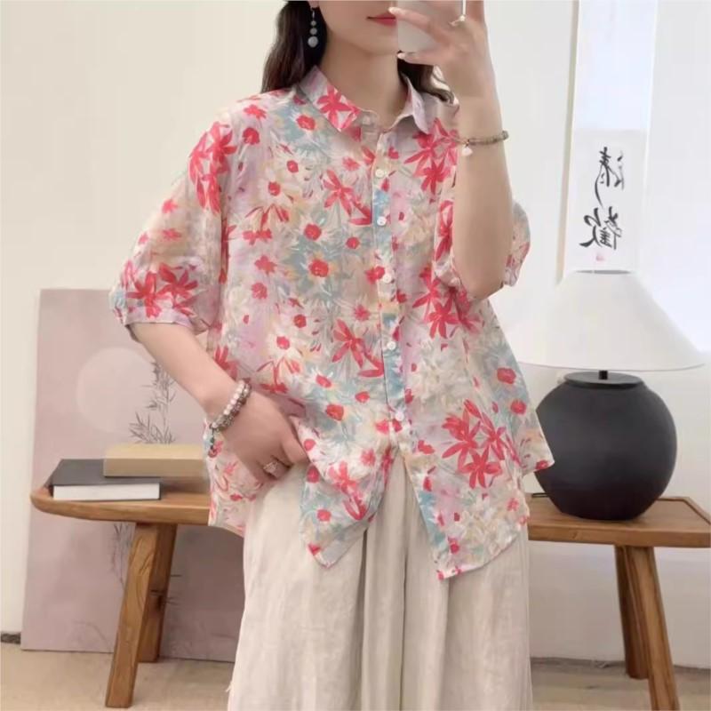 Johnature Women Vintage Print Floral Shirts Tops Turn-down Collar Seven Sleeve Blouses Summer Chinese Style Shirts