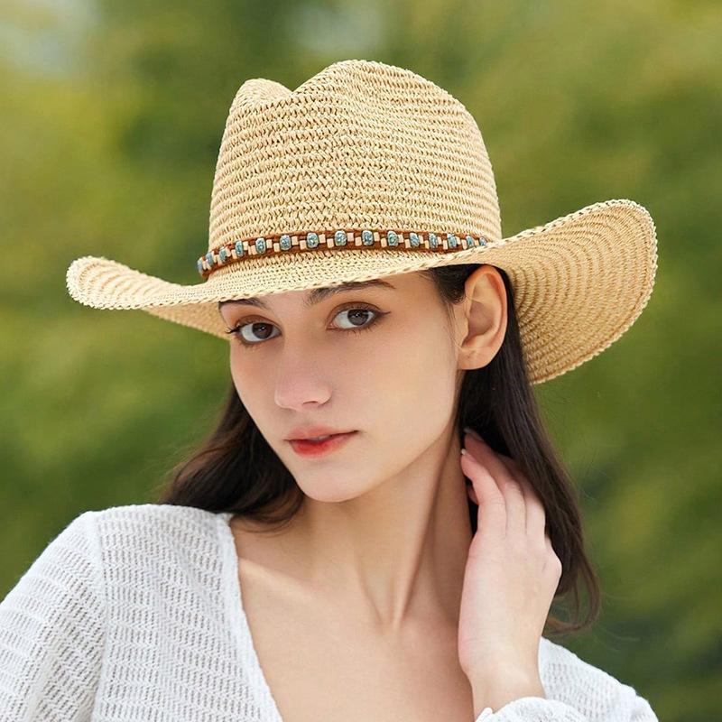 

Широкополая шляпа ковбойская шляпа женская универсальная солнцезащитная папирусная западная ковбойская шляпа летняя защита от солнца пляжная рыбацкая соломенная шляпа M（56-58cm） хаки