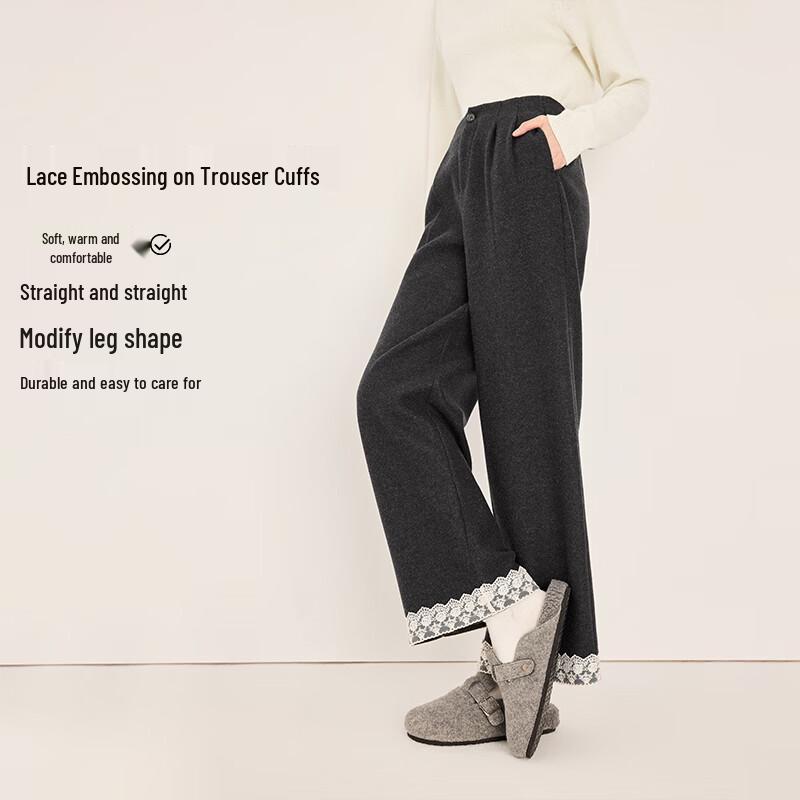 Xiangying Women's Grey Wool Blend High-Waist Straight-Leg Suit Pants