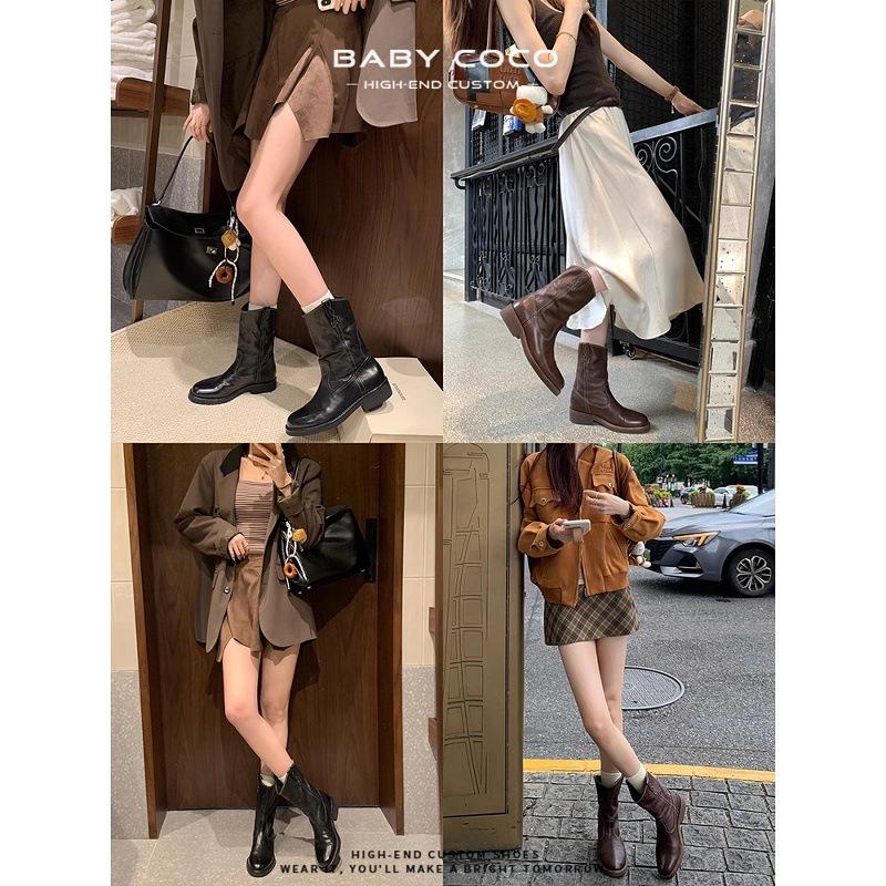 Sheepskin~ V-mouth western cowboy boots women's autumn and winter Maillard thin boots thick heel medium tube desert boots locomotive short boots