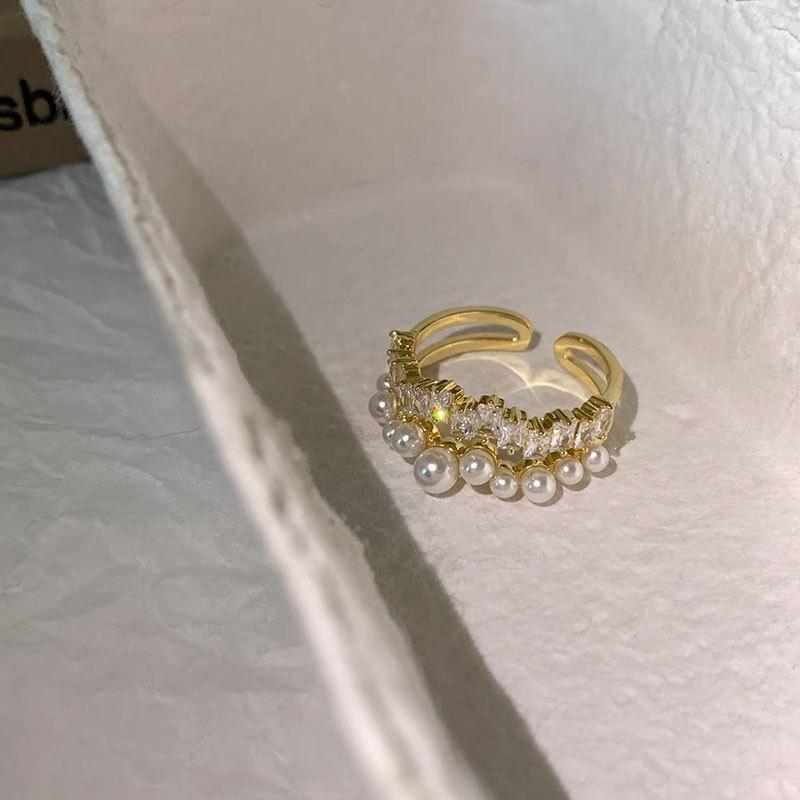 Bague Ouverte Double Métal Zircon Perle Femme Luxe Léger Rétro Exquis Mode Bague Polyvalente