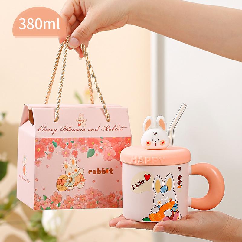 Cute Xiaomeng Rabbit Straw Cup Household Girlfriend Mug Office Girls Drinking Cup Gift Box Ceramic