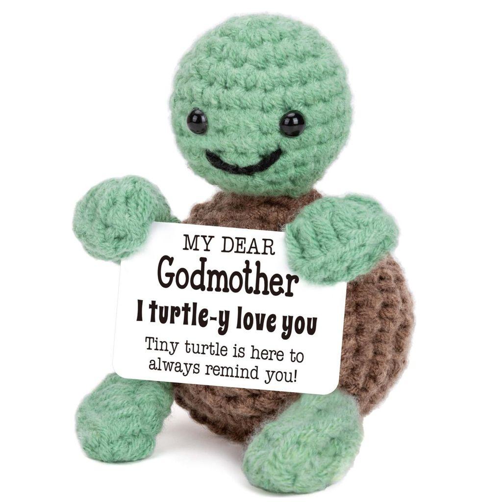 Mini Funny Turtle Positive Crochet Animals Doll With Card Desktop Ornament Emotional Support Handmade Knitted Cheer Up Toy