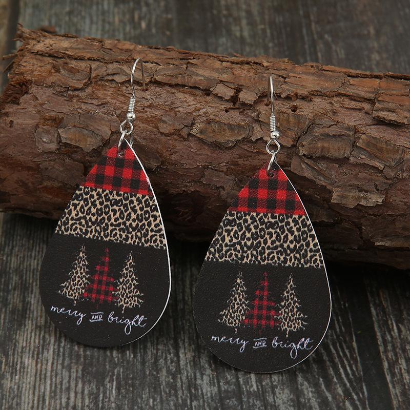 Patchwork Red Plaid & Striped Leather Christmas Tree Earrings