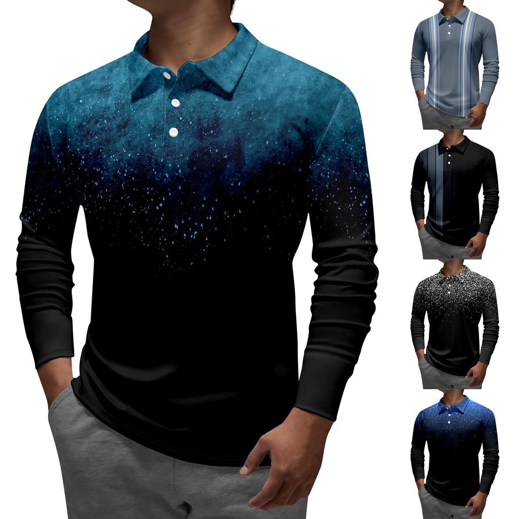 Men'S Lapel Long Sleeve Printed Casual Top Loose Sports Lapel Shirt