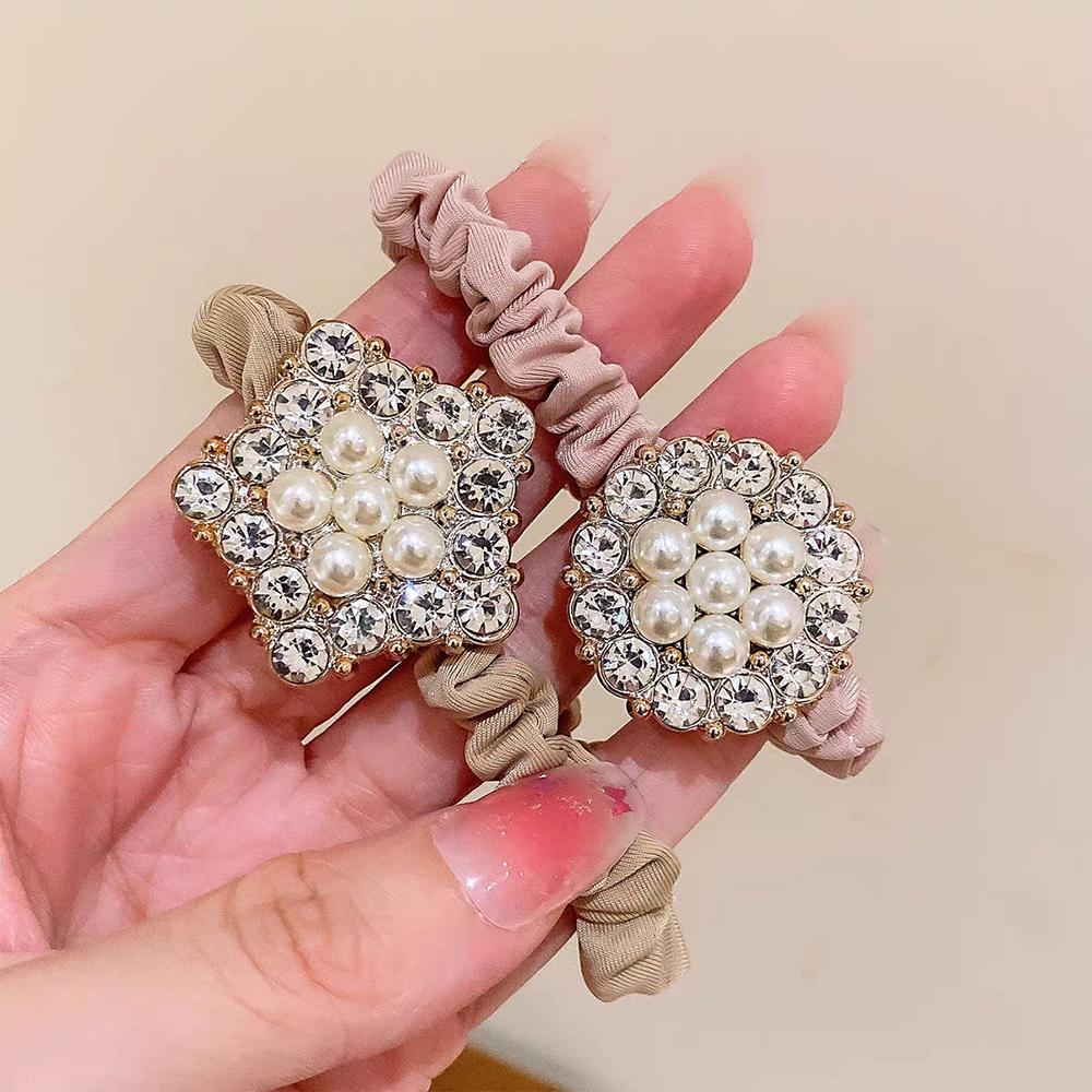 2pc Ice Silk Imitation Pearl Fashion High Ponytail Fashion Crystal Heart-shaped Geometric Hair Rope Rubber Band