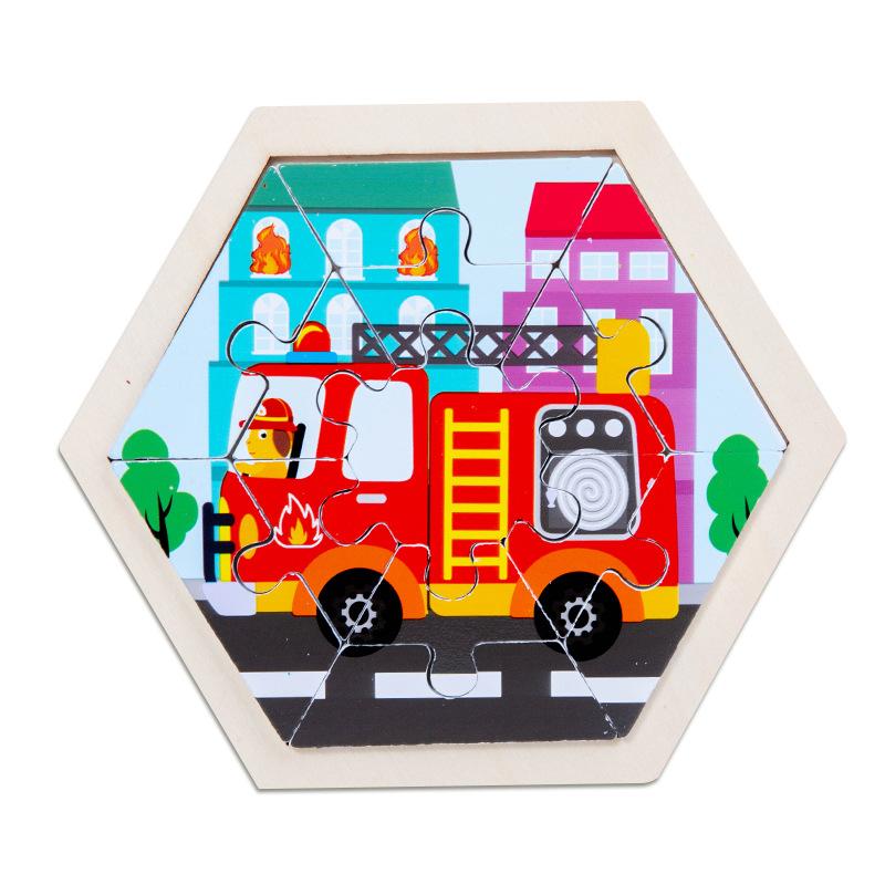 Hexagonal Children's Creative Three-dimensional Animal Puzzle Wooden Early Education Puzzle Fruit and Vegetable Traffic Cognitive Toys