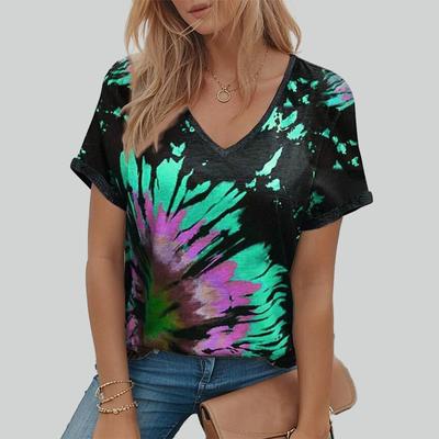 Women's V-neck Short Sleeved Tie Dye Printed Top Loose T-shirt Casual Shirt