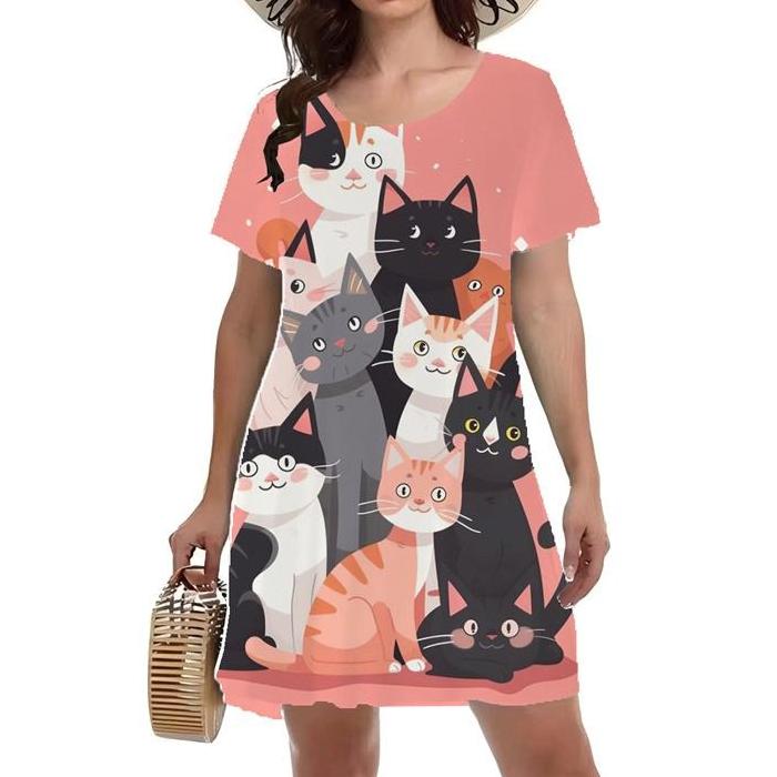 

Summer Fashion Colorful Cat Printed Dress Ladies Loose Oversized Comfortable Leisure Breathable Long Dress 8XL рожевий