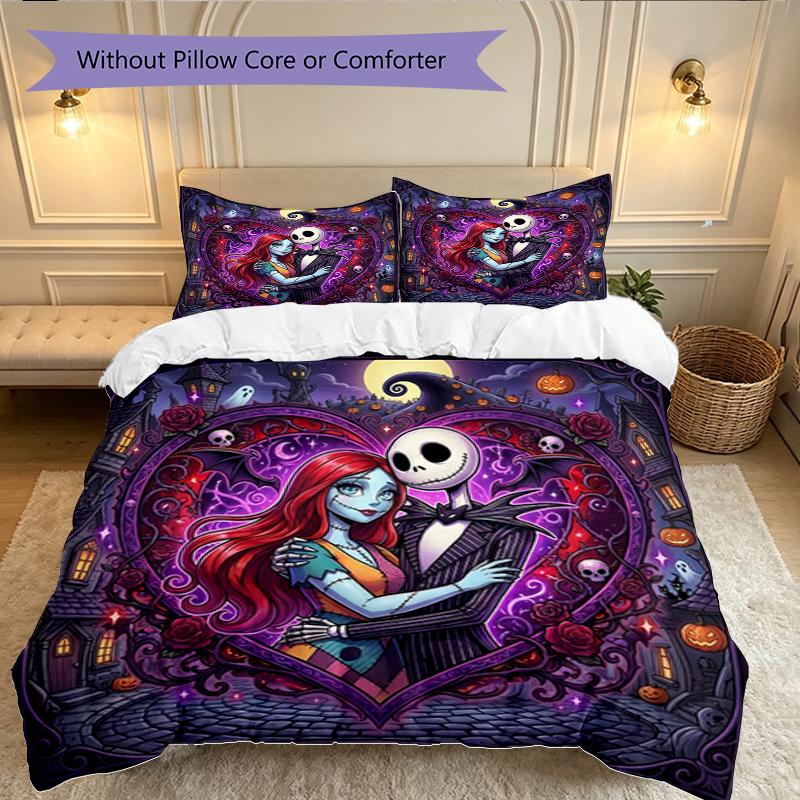 3pcs Duvet Cover Set, Halloween Jack Sally Skull Bedding Set, Machine Washable, Breathable Fabric, All-Season Cozy Bedroom Accessory
