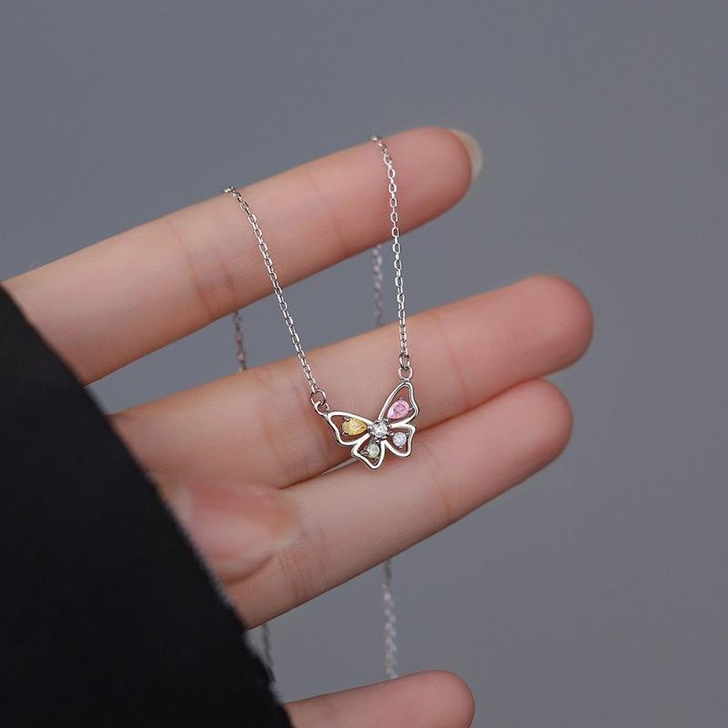 Women Colored Diamond Butterfly Pendant Simple Hollow Out Inlaid Diamond Clavicle Necklace