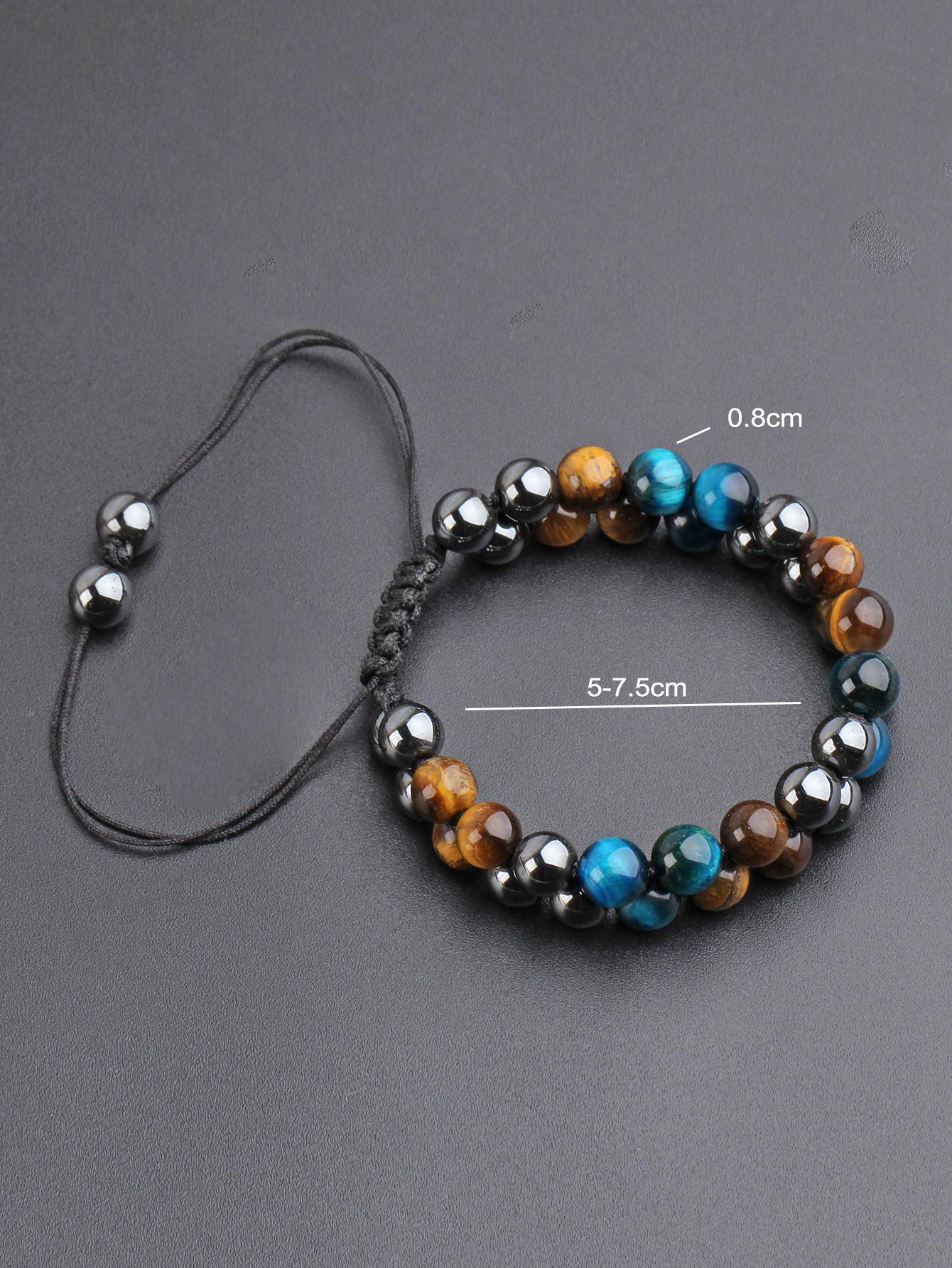 Men s Adjustable Natural Tiger Eye Stone Bracelet - Woven Beaded Yoga Jewelry with Black Magnetic Accent