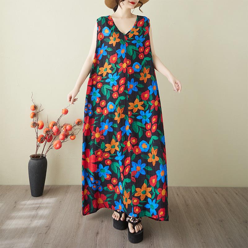 2025 Summer Sleeveless Cotton Linen V-Neck Korean Style Long Loose Nightgown Plus Size