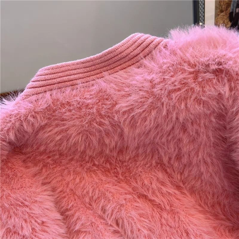 Autumn Winter Women V-neck Single Breasted Imitation Mink Fur Mohair Soft Knitted Sweater Cardigan Coat Jacket