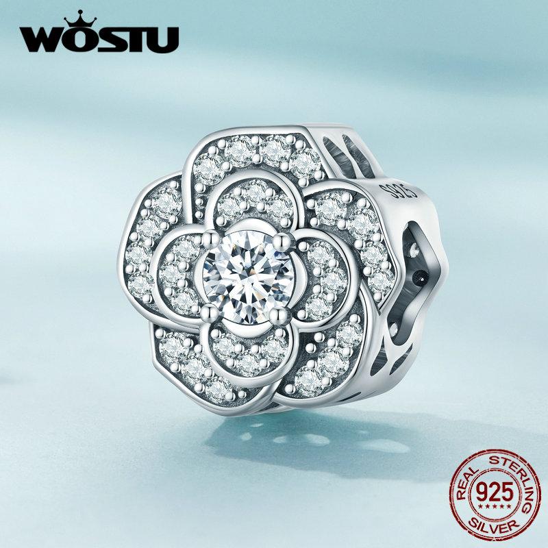 WOSTU Vintage 925 Sterling Silver Full of Zircon Flower Beads Moon Heart Charm Fit Original Bracelet DIY Necklace Jewelry Making