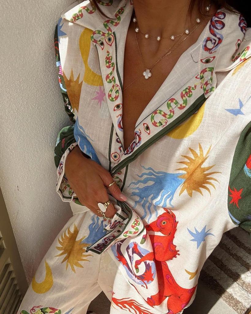 2025 Trendy Print Macaron Linen Long-Sleeved Shirt Set