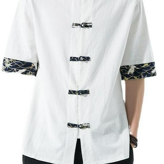 Men's 2022 Retro Chinese Style Color Block Cotton Linen Frog Button Short Sleeve Shirt