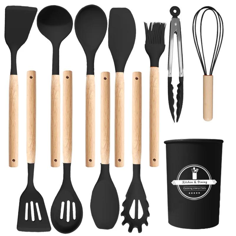 12Pcs/5pcs Silicone Utensils Set Non-Stick Cookware Spatula Shovel Wooden Handle Kitchenware Home Kitchen Cooking Tools