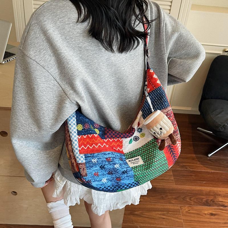 Niche Shoulder Bag Retro Contrasting Color Ethnic Style Summer Nylon Bag Crossbody Canvas Bag Women