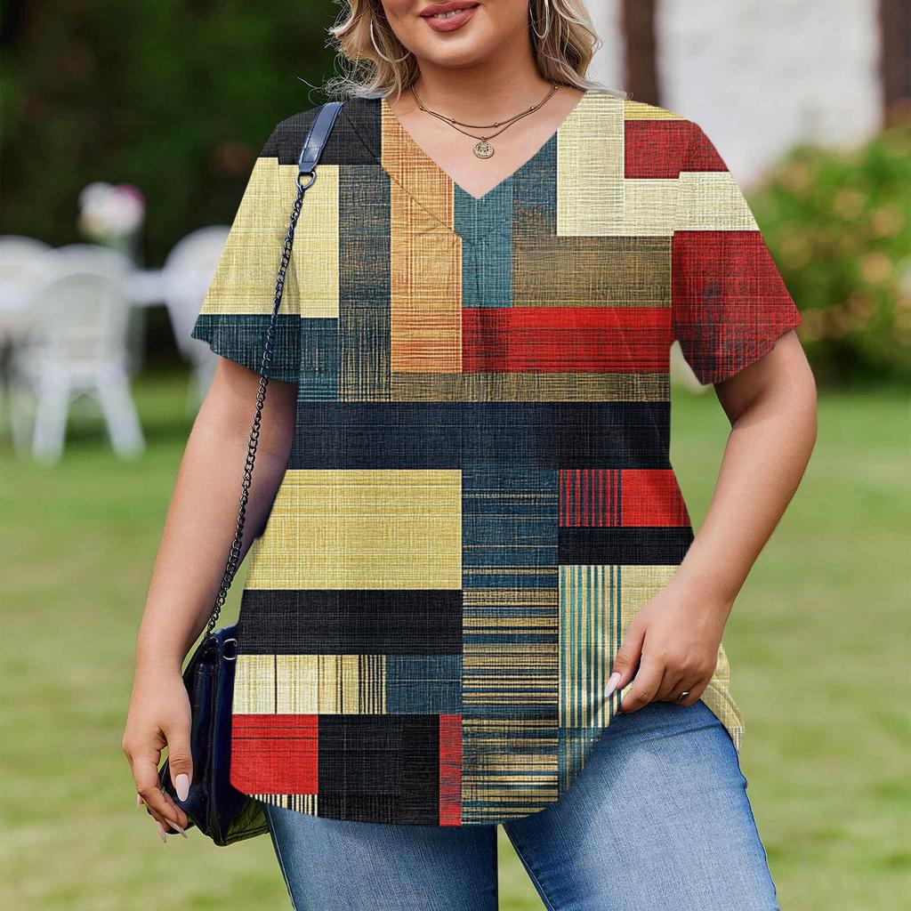 Women's Plus Size Fashionable Casual Loose-Fit Short Sleeve Elegant V Neck Blouse For Work