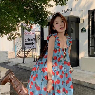 French Retro Floral Skirt Suspender Dress Women's Summer Loose and Thin Seaside Vacation Wind Sweet Short Skirt