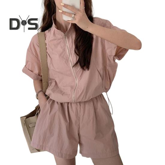 

2 шт./компл., женский топ, шорты, комплект, застежка-молния, короткие рукава, воротник-стойка, солнцезащитный крем, блузка, эластичная высокая талия, свободные брюки, повседневная спортивная одежда, спортивный костюм M розовый