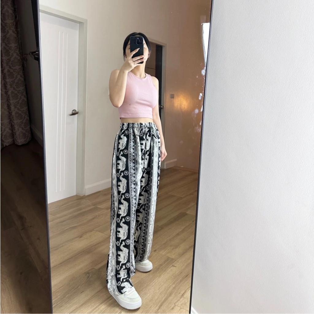 Elephant Pants Women Men Unisex Premium Japanese Silk Print Thailand Casual Streetwear Beach Bohemian Retro Vintage Adjustable Rope Loose Legs