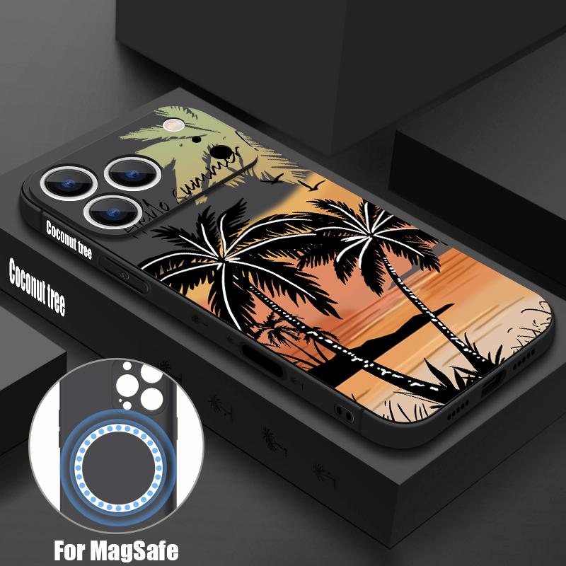 Magnetic For Magsafe Case For iPhone 17 Pro Max Seaside Coconut Print Soft Silicone Phone Back Cover For iPhone 16 15 14 13 Pro Max 16e 17e