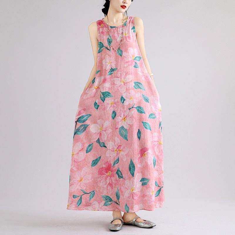 Sleeveless Plus Size Cotton Vintage Floral New In Dresses for Women Casual Loose Long Summer Dress