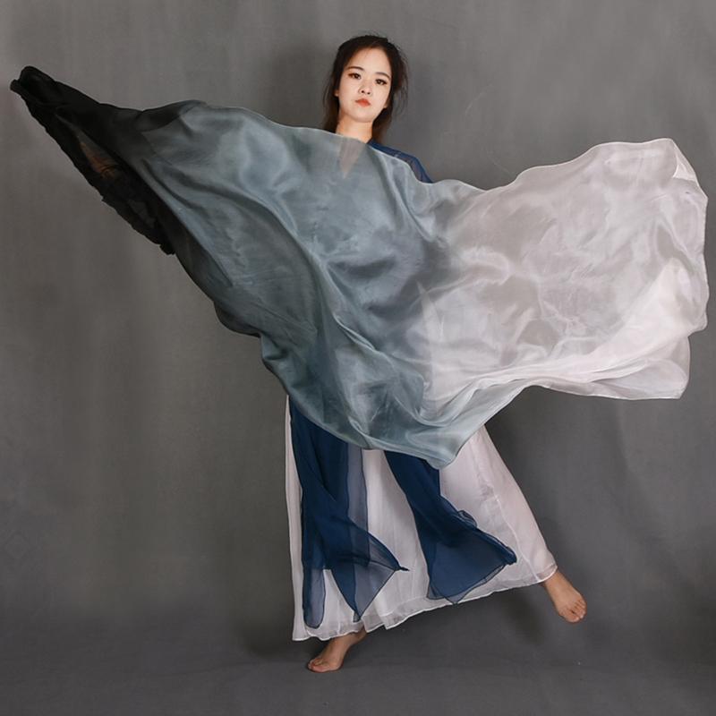 Gradient Silk Women Belly Dance Fan Practice Competition Props Stage Show Costume Accessory Hand Dye Flowy Extra Long 180Cm Fan