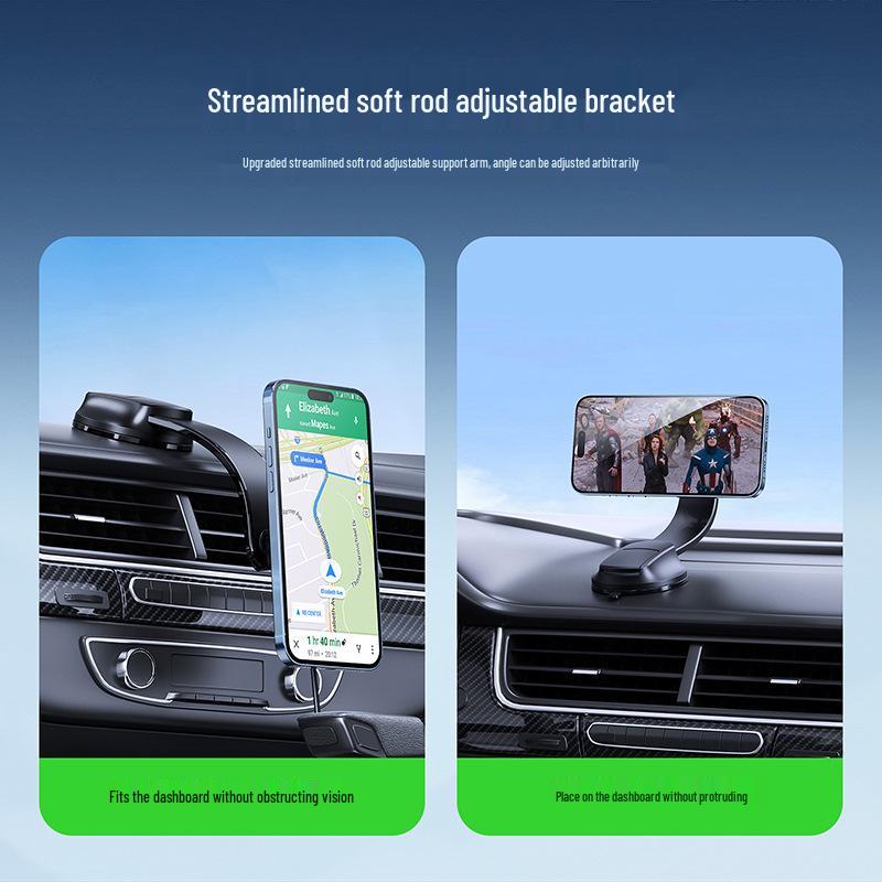 15W Magnetic Car Phone Holder & Wireless Charger with Suction Cup - QI Fast Charging & Navigation Support