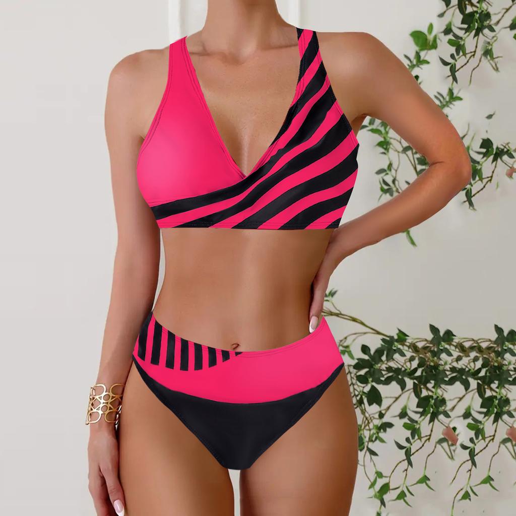 Women's Halter Half Edge Stripe Print Bikini Tankini Swimsuit