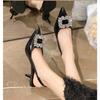 New Women's Black Rhinestone Pumps Medium Pointed Closed New Spring Gladiator Block Dancing High Heels Shoes