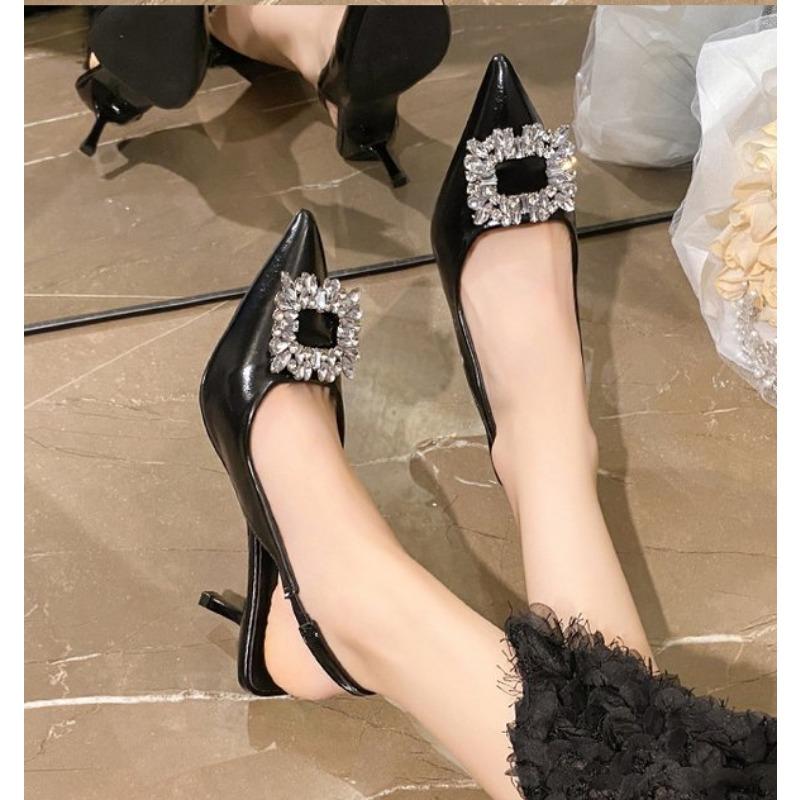 New Women's Black Rhinestone Pumps Medium Pointed Closed New Spring Gladiator Block Dancing High Heels Shoes