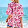 Fashion Ladies Puff Sleeve O Neck Flower Printed Loose Pullover Shirt Blouse Top