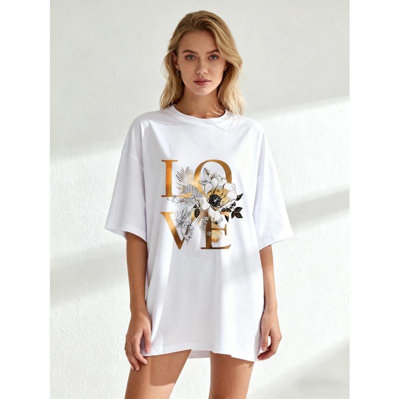 Black Oversized T Shirt Love Floral Print Graphic Tee For Casual Wear And Everyday Outfits