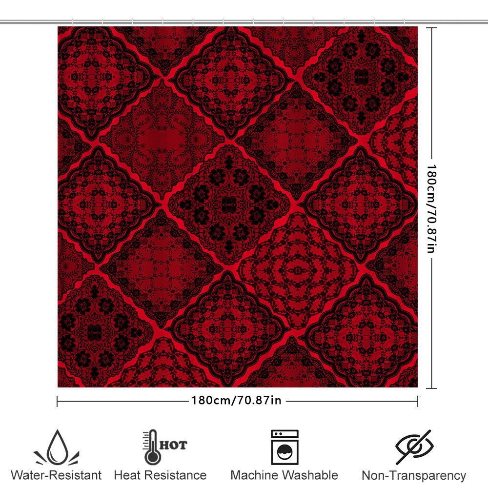 Red Black Floral Pattern Shower Curtain Waterproof Fabric Decor Home Bath Room Supplies 72X84 In (183X213Cm) With Hooks Set