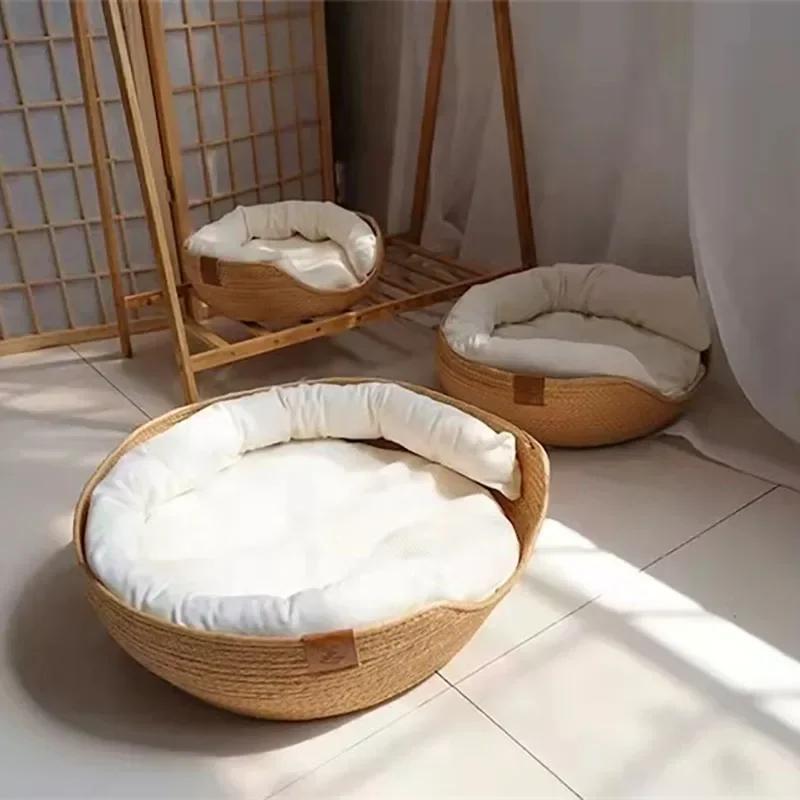 OUZEY Handgefertigtes Rattanflechten Haustier Katzenbett Bequemes Schlafen Atmungsaktive Katzenkörbe Große Kapazität Kätzchen Welpe Nest Kissen