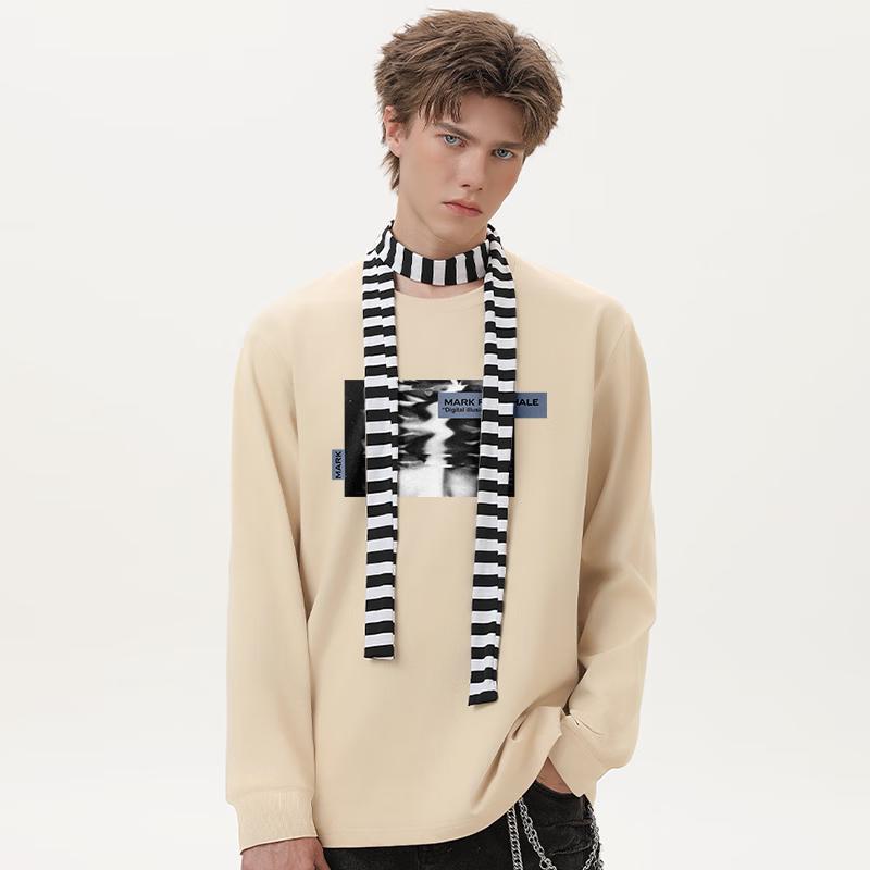 Mark Hua Fei Men's Trendy Heavyweight Loose Fit Pure Cotton Long Sleeve Crew Neck T-Shirt