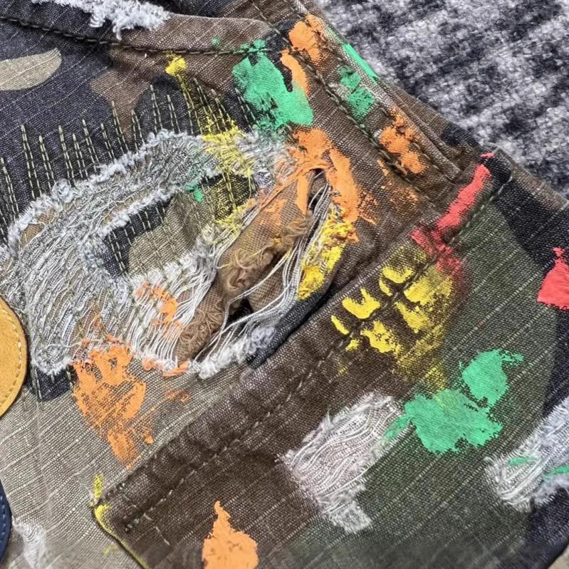 Unisex Vintage Camouflage Denimshorts Y2K Herren Damen Monogramm Patchwork Stickerei Baggy Shorts Niedrige Taille Hose Freizeithorts