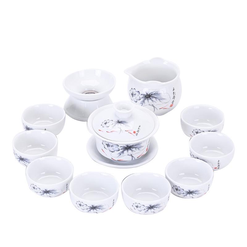 White Porcelain Kung Fu Tea Set with Blue and White Cups & Gaiwan - Ideal for Company Events and Promotional Gifts.
