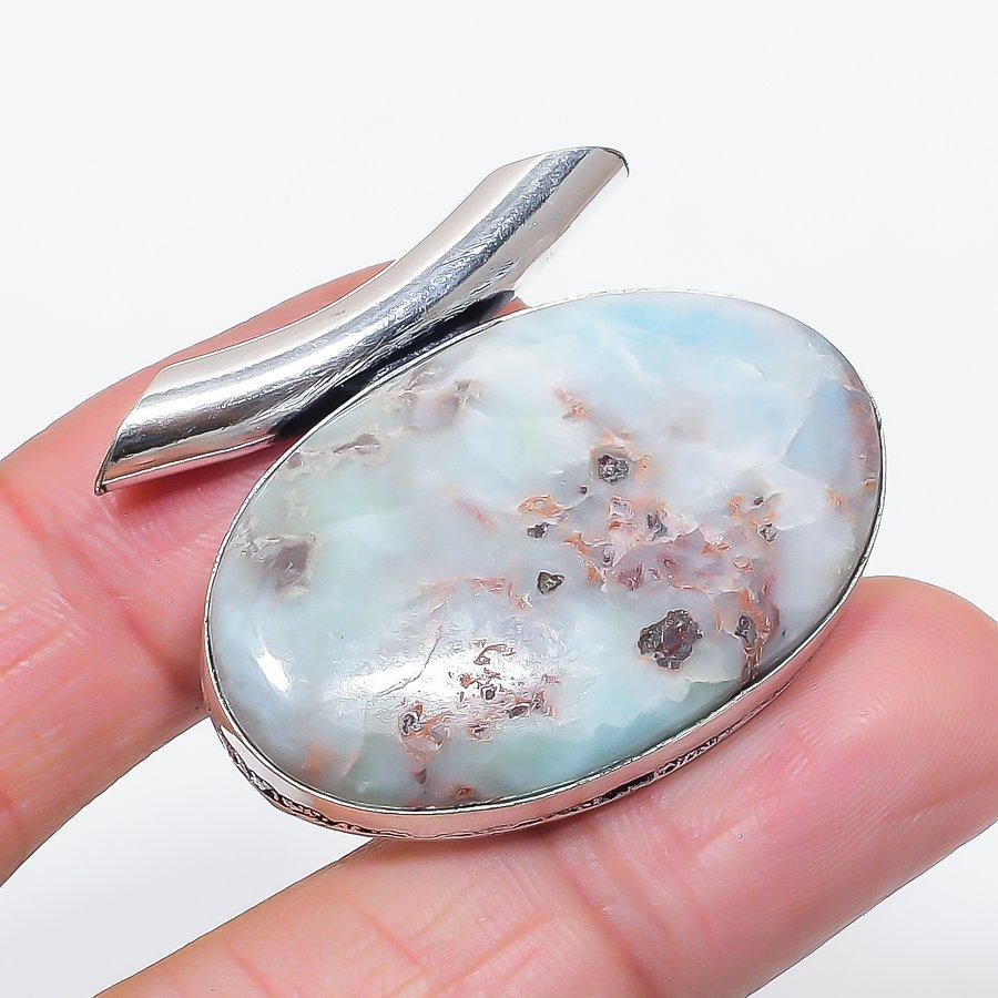 Natural Larimar Gemstone Handmade 925 Sterling Silver Jewelry Pendant 1.38" i0G76
