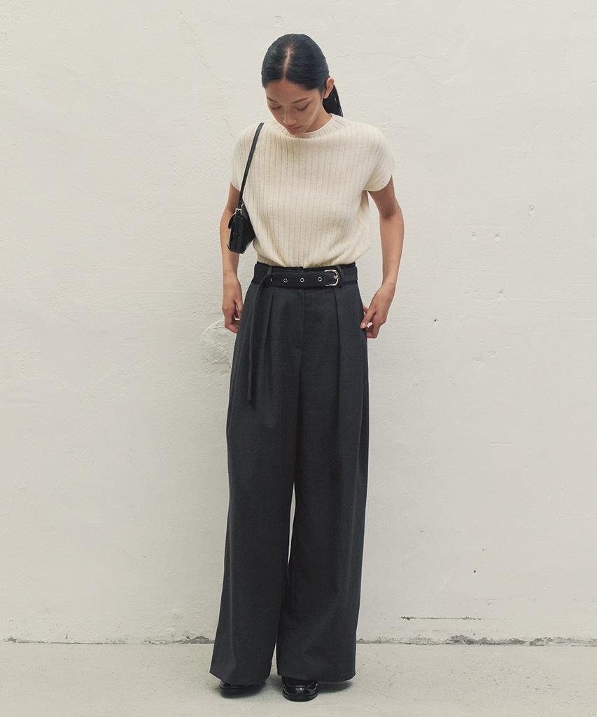 MAKE A TOAST Reverse Elastic Waist Belted Wide Pants Dark Gray Mbdfpa001Dg