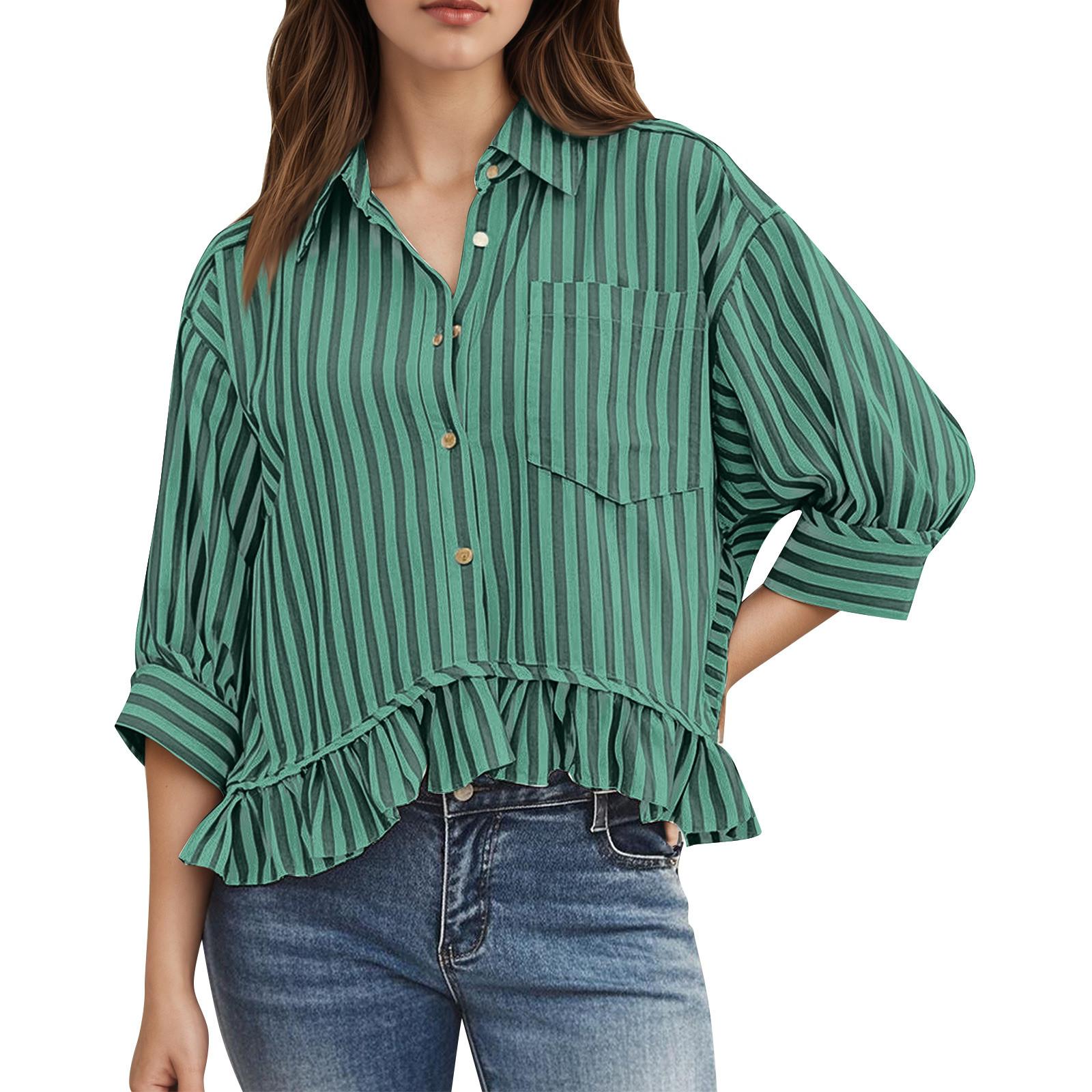 

Женская модная повседневная рубашка с оборками на пуговицах, полосатая футболка, топ S зелёный