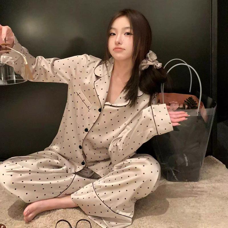 

French Style Pajama Set Women Silky-Touch Polyester Long Sleeve Pants Set Youthful Polka Dot Lightweight Lounge Wear Seasonal Comfort Sleepwear M