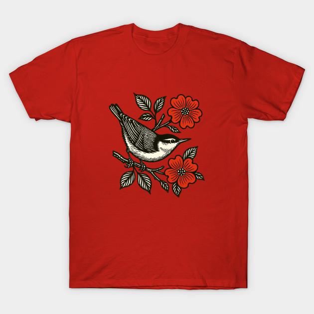 Men Black Print T-shirt Nuthatch And Red Flowers – Vintage Birdwatcher Folk Art No-Cut Transfer Paper Print Cotton Tshirt M