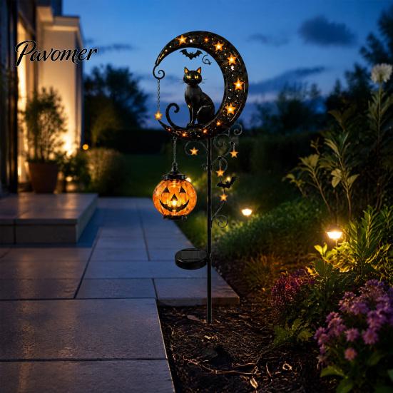 Fall Party Outdoor Lighting Halloween Solar Garden Stake Light, Metal Black Cat & Pumpkin Moon Waterproof Wireless Powered Yard Lights Decorations for