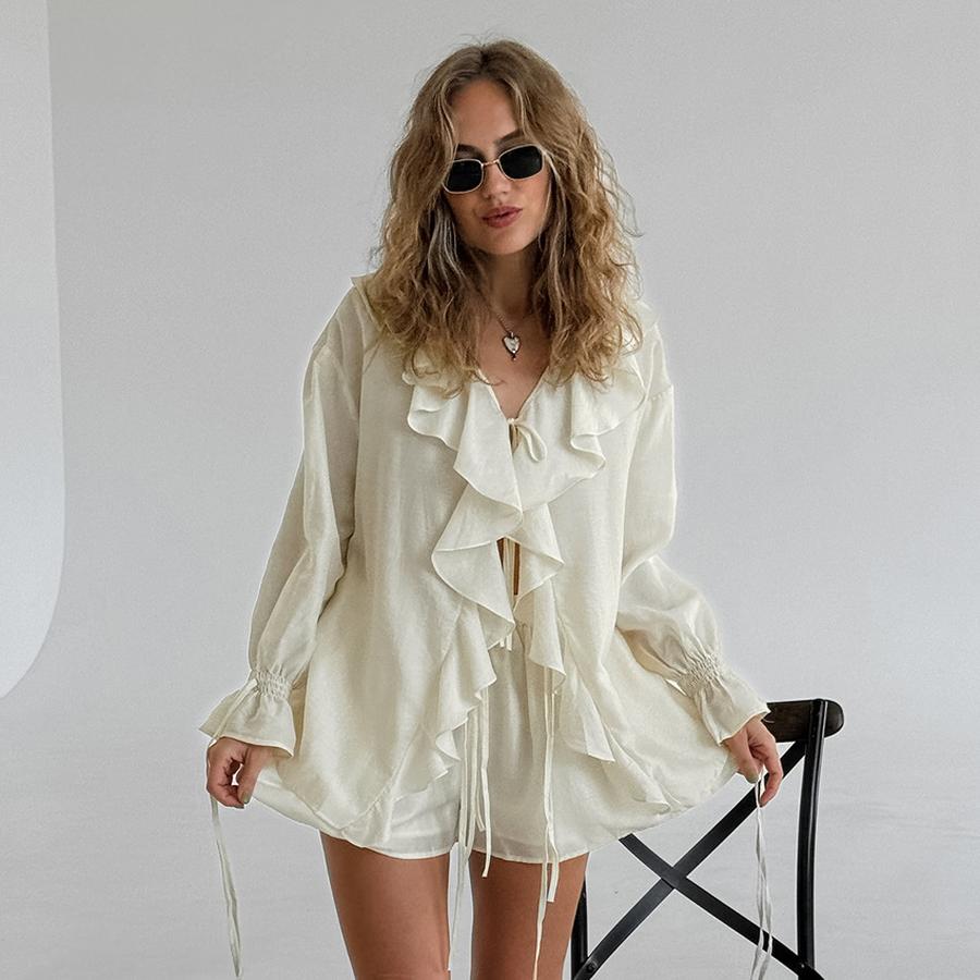 Spring Autumn French Sweet Loose Ruffles Lace Collar Two Piece Set Women's Outfit