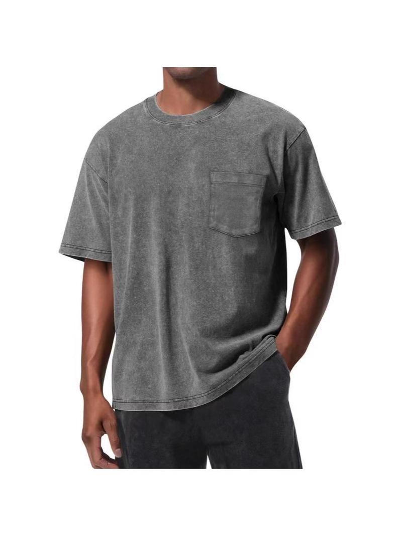 European American Style Retro Distressed Oversize T-shirt with Front Pocket L